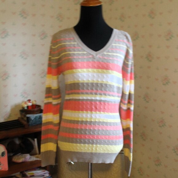 Studio Works Cotton V-Neck Striped Cable Sweater, Small, NWT - Picture 2 of 8